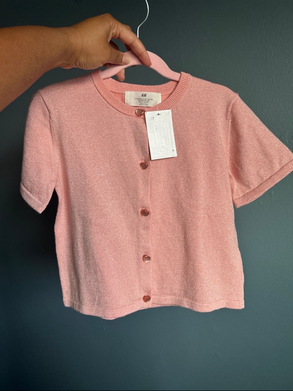 H&M Sparkle Pink Short-Sleeve Heart-Button Cardigan